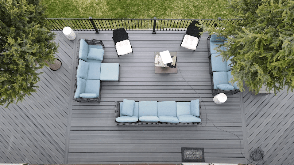 aerial view of deck with outdoor furniture