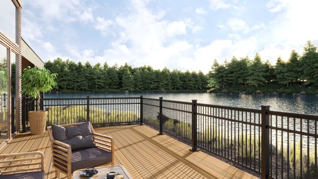 Envision aluminum deck railing on an elevated deck overlooking the waterfront